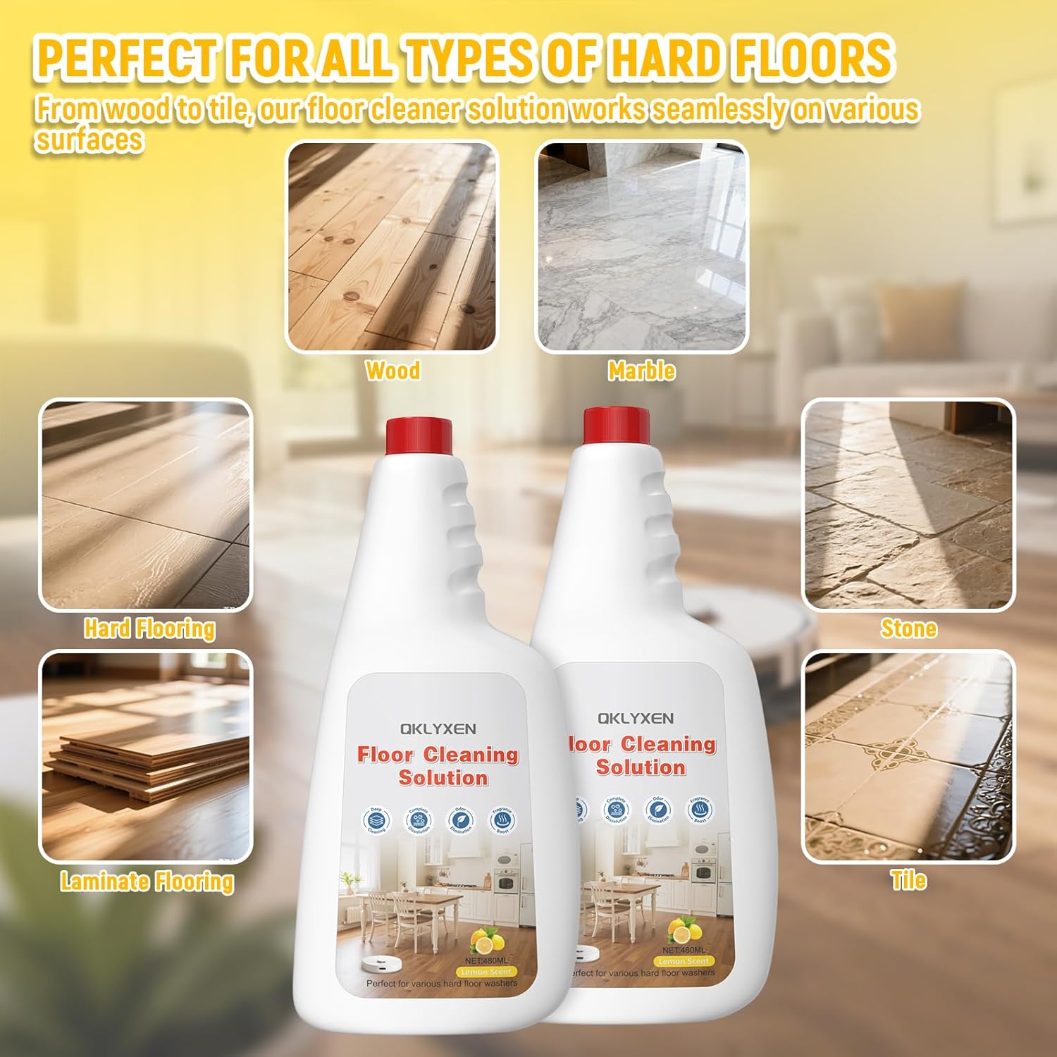 Floor Cleaning Solution Compatible With Roborock Robot Vacuum and Mop Cleaner (Qrevo/Q7/Q10/Saros 10R), Deep Cleans For Multiple Hard Floor, Suitable for All Robot Vacuum With Mopping (Lemon)