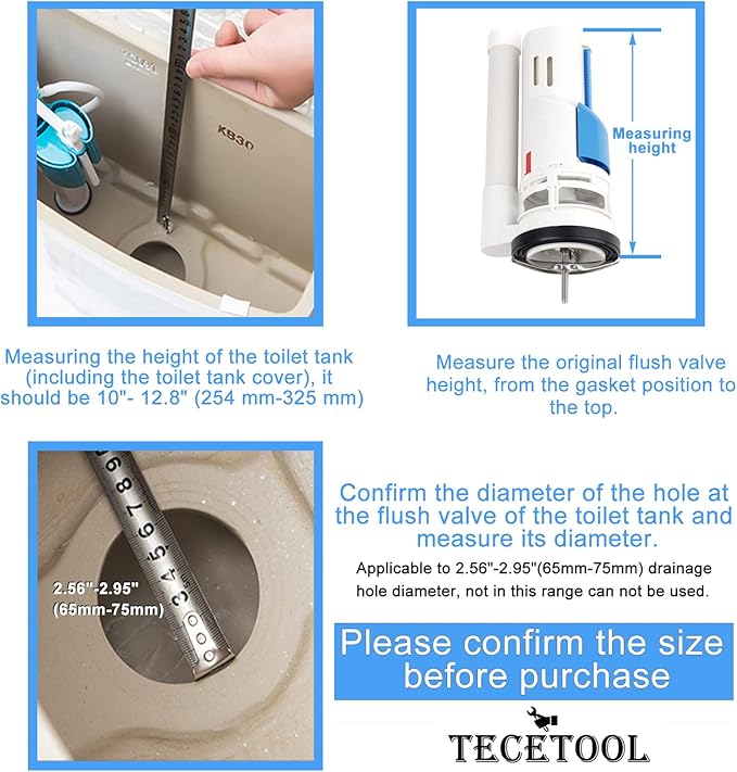 2 Inch Toilet Flush Valves Toilet Repair Kit Dual Flush Valve Replacement Fit for One Piece Toilet Top Push Button Valve (8" Height) White