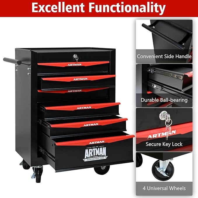6-Drawer Steel Rolling Tool Cart with Wheels & Handle, Heavy-Duty Tool Chest Storage Cabinet for Garage and Workshop