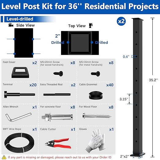 36" Expandable 2-8FT Black T304 Cable Railing Post Kit, Complete Cable Railing System with 2 Level Posts & 98ft 1/8" Wire Rope(No Handrail), Adjustable Length Easy DIY for Decks/Porch
