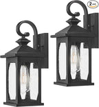 zeyu 2 Pack Outdoor Wall Sconces, 14.4 Inch Farmhouse Outdoor Porch Lights Wall Mount with Seeded Glass, Die-Cast Aluminum, Black Finish, ZD99B-2PK BK
