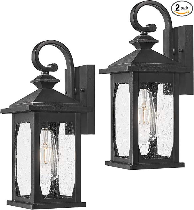 zeyu 2 Pack Outdoor Wall Sconces, 14.4 Inch Farmhouse Outdoor Porch Lights Wall Mount with Seeded Glass, Die-Cast Aluminum, Black Finish, ZD99B-2PK BK