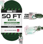 Iron Forge Cable Weatherproof 50 Ft Outdoor Extension Cord - 14/3 SJTW 15 Amp Heavy Duty Green Extension Cord 3 Prong - Lighted End