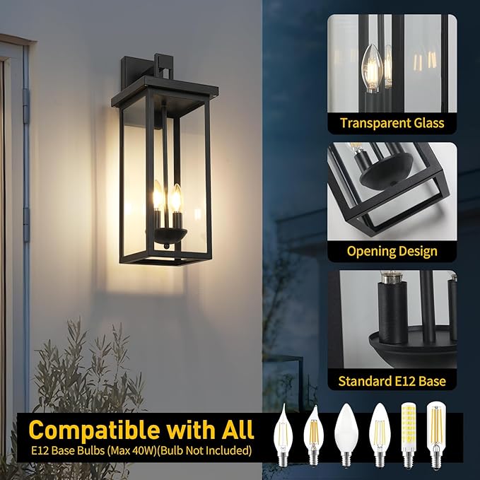 tewei 2 Pack Large Size Outdoor Wall Lantern Exterior Wall Light Fixture, 22 Inch Matte Black Porch Light Waterproof Outdoor Lights for House with Clear Glass Shade, E12 Exterior Sconces for Garage