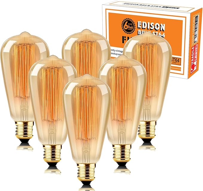 LUXON Edison Bulbs 60 watt,ST64 Incandescent Light Bulb, Antique Vintage Style,Dimmable Amber Glass 2000K Warm E26 Base,for Wall Sconce Retro Fixture (Pack of 6)