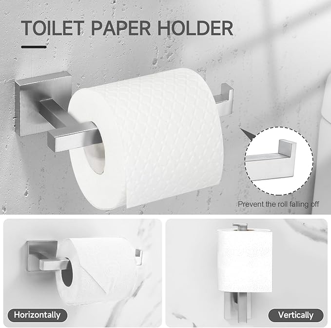 TQKAG Brushed Nickel Bathroom Hardware Accessories Set 10 Pieces, 23.6" SUS304 Stainless Steel Towel Bar Set Wall Mounted Includes Single Towel Bar, Towel Ring, Toilet Paper Holder, Double Towel Hooks