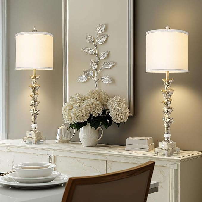 33'' Touch Control Table Lamp Set of 2, 3-Way Dimmable Buffet Lamps with USB A+C Ports and White Shade, Silver Leaf Finish Nightstand Lamps for Living Room Bedroom Office Study Dinning (Bulb Included)