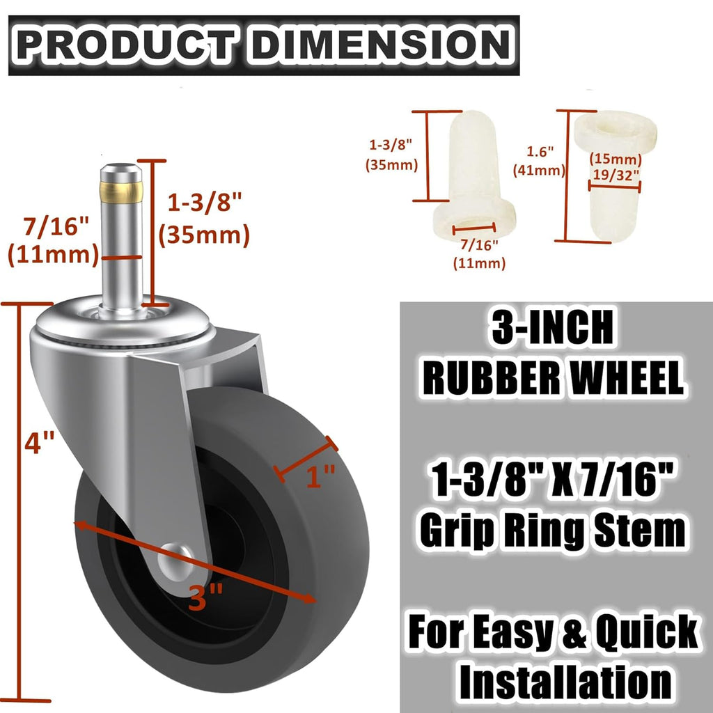3-Inch Swivel Stem Caster for Rubbermaid Mop Bucket Utility Cart, 7/16-Inch Stem Diameter Rubber Wheel Set of 4, Heavy Duty TPR Weber Grills Shop Vac Replacement Wheels