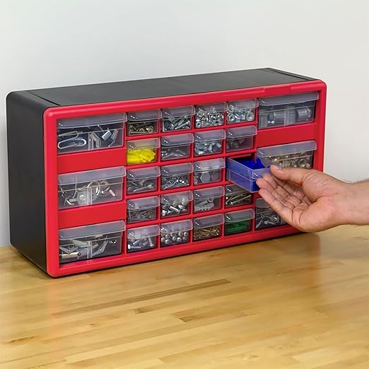 Akro-Mils 26-Drawer Plastic Drawer Storage Cabinet for Garage Organization, Bead Organizer, Building Bricks Storage, Teacher Toolbox, Makeup Organizer, 20" W x 6" D x 10" H, 10126 Red