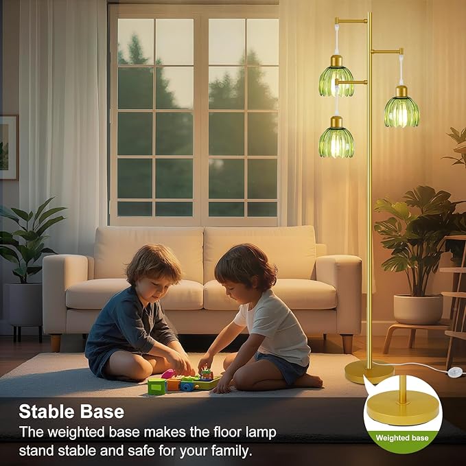 Glass Floor Lamps for Living Room, 3 Lights Mid Century Modern Standing Lamp with Foot Switch, Retro Gold Floor Lamp with Green Glass Shade, Vintage Tree Tall Lamps with Bulb for Bedroom Office