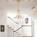 Industrial Round Chandelier Rustic Ceiling Light Fixture Farmhouse Pendant Light with Clear Glass Shade for Dining Room Hallway Entryway Kitchen Bedroom, Gold