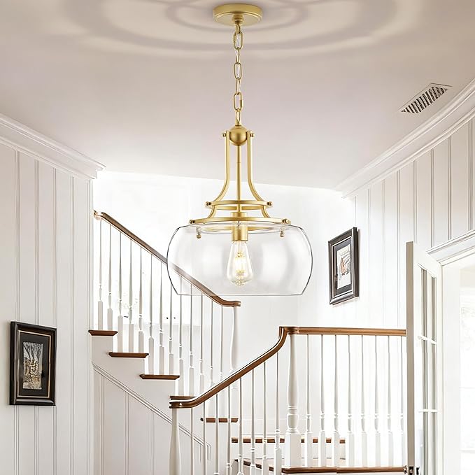 Industrial Round Chandelier Rustic Ceiling Light Fixture Farmhouse Pendant Light with Clear Glass Shade for Dining Room Hallway Entryway Kitchen Bedroom, Gold