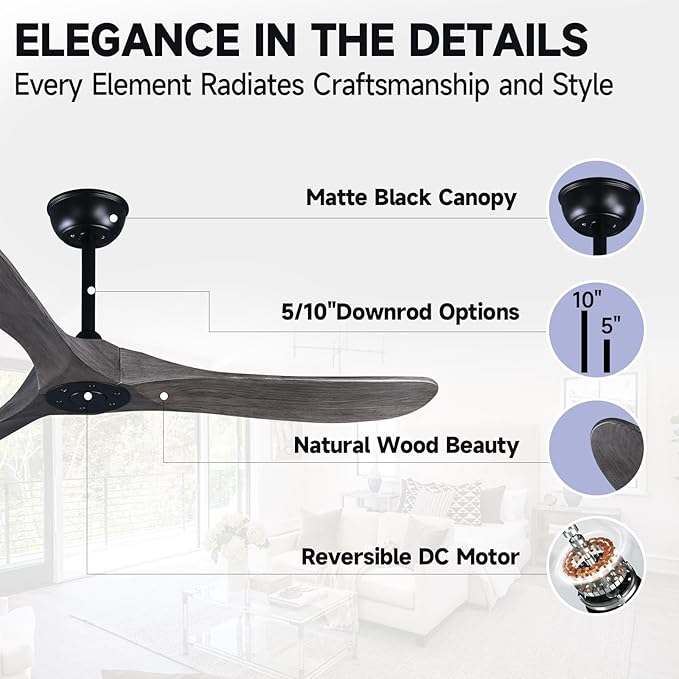 52" 3 Blade Ceiling Fan Without Light, Farmhouse Rustic Wooden Flush Mount Ceiling Fan no Light with Remote for Indoor/Outdoor - High End Silent Operation, Grey & Black, 52 Inch