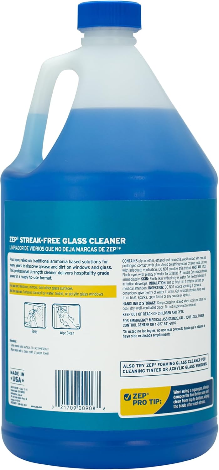 Zep Streak-Free Glass Cleaner - 1 Gallon (Case of 4) ZU1120128 - Professional Grade Formula that Cleans Dirt, Fingerprints, Grime, Smoke Haze, and Toothpaste on Windows, Mirrors, and Other Glass