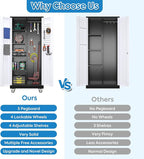 Broom Closet Storage Cabinet with Hanging Rod, 71" H Garage Storage Cabinet with Wheels and Pegboard & 13 Hooks for Garage, Home, Metal Cabinets, Black and White