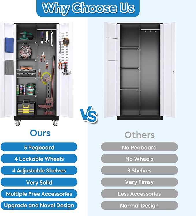 Broom Closet Storage Cabinet with Hanging Rod, 71" H Garage Storage Cabinet with Wheels and Pegboard & 13 Hooks for Garage, Home, Metal Cabinets, Black and White