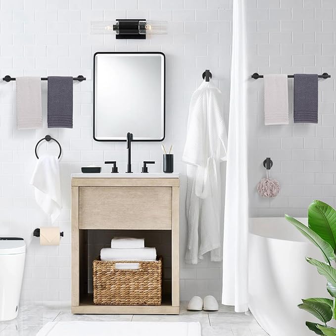 TURS Matte Black 8 Pieces Bathroom Hardware Set, SUS304 Stainless Steel 24 Inch and 20 Inch Bath Towel Bar Set, Round Bathroom Accessories Kit Wall Mounted Towel Holder