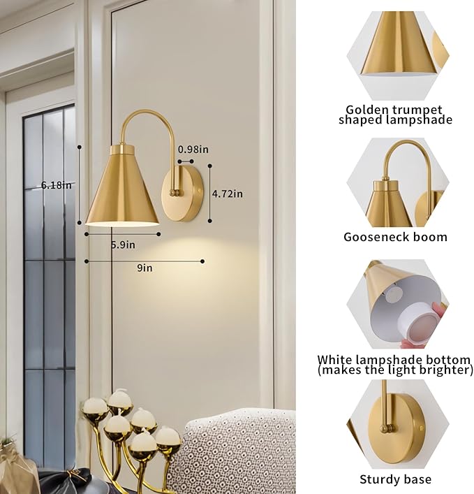 Vintage Cordless Gooseneck Battery Operated Wall Sconces Set of 2, Gold Bedside Battery Powered Wall Decor Lamps with Remote Control, Wireless Indoor LED Lights Fixture for Bedroom Hallway