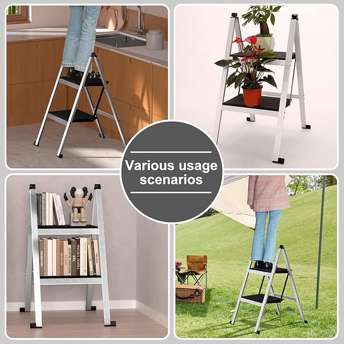 2 Step Ladder,Aluminum Ultra Thin Folding Step Stool,400 Lbs Capacity with Anti-Slip Sturdy and Wide Pedal,Closet Step Ladder for Home,Kitchen and Office,Space Saving (Silvery White, 2-Step)