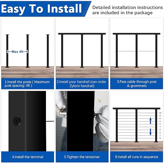 36" Expandable 16-20FT Black T304 Cable Railing Post Kit, Complete Cable Railing System with 5 Level Posts & 216ft 1/8" Wire Rope(No Handrail), Adjustable Length Easy DIY for Decks/Porch