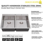 SHACO 33x22 Inch 50/50 Double Bowl Drop In Kitchen Sink 16 Gauge 33 Inch Stainless Steel Kitchen Sink Top Mount with Grid and Accessories