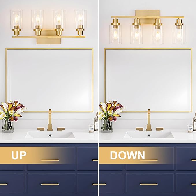 4 Light Gold Bathroom Light Fixtures Brushed Brass Vanity Light Over Mirror Modern Farmhouse Wall Lighting Sconces Wall Lamp for Bathroom, Bedroom, Living Room E26 Socket with Glass Shade