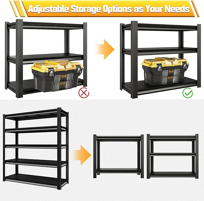 48" W Garage Shelving Heavy Duty, 3000LBS Loads Garage Storage Shelves Heavy Duty, 5-Tier Metal Shelving Units and Storage Racks, Industrial Utility Shelf,48" Wx24 Dx78 H, Black