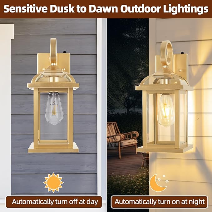 Dusk to Dawn Gold Porch Light 2-Pack 15 Inch, Aluminum Anti-Rust Large Outdoor Wall Lanterns with IP65 Waterproof Clear Glass Brass Outdoor Lights for House Photocell Patio Carriage Lights
