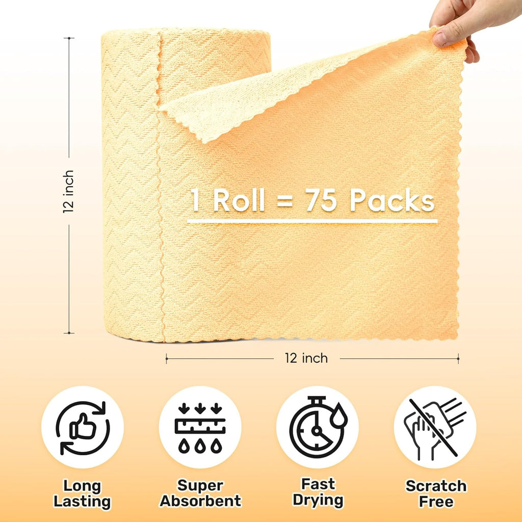 Microfiber Cleaning Cloths Roll, 75 Pack Tear Away Microfiber Towels Roll, 12" x 12" Lint Free Rags, Reusable Cleaning Cloths, Washable, Scratch Free,Ultra Absorbent Dish Rags(Orange Ripple)