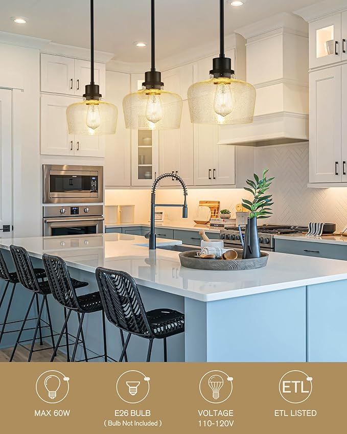 Emak Modern Farmhouse Pendant Lights Kitchen Island, Black Pendant Light Fixtures with Seeded Glass Shade, 8 Inch Hanging Lights for Kitchen Island, Bathroom, Bedroom, PL122-BK