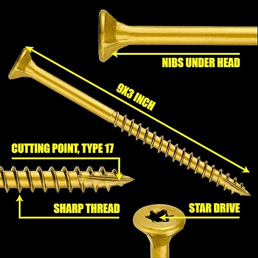 #9 x 3’’ Wood Screws by Grindy (200pack/2.5LBS) – Self-Drilling Deck Screws I Rust Resistant I Quick Drive & Fast Grip I for Cabinet, Furniture & Other Projects I T20 Star Drive I Bit Included