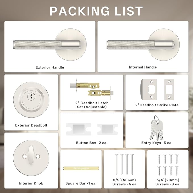 Amerdeco Front Door Lock Set with Double Cylinder Deadbolt, Exterior Entry Door Lever, Heavy Duty Entry Door Locksets for Left or Right Hand Exterior Door（Satin Nickel 1 Pack）