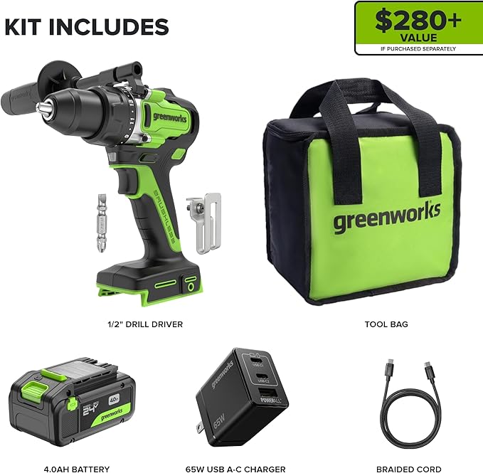Greenworks 24V Cordless Brushless 800 in-lbs Drill/Driver, Professional Grade,21 Clutch, 4.0Ah USB-C Battery (24,000mAh Power Bank),65W USB-C Fast Charger(3-Port) and USB C to USB C Cable(3.3FT)