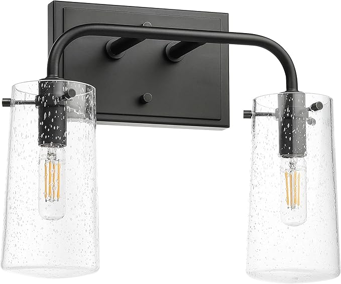 XiNBEi Lighting Bathroom Light Fixtures, Modern 2 Light Vanity Lights with Seeded Glass Matte Black Bath Wall Mount Fixture Over Mirror XB-W1283-2-MB