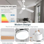 52 inch Modern White Ceiling Fans with Lights APP/Remote Control, Low Profile Reversible 6 Speeds Ceiling Fan Light for Indoor/Outdoor Patio Bedroom Living Room