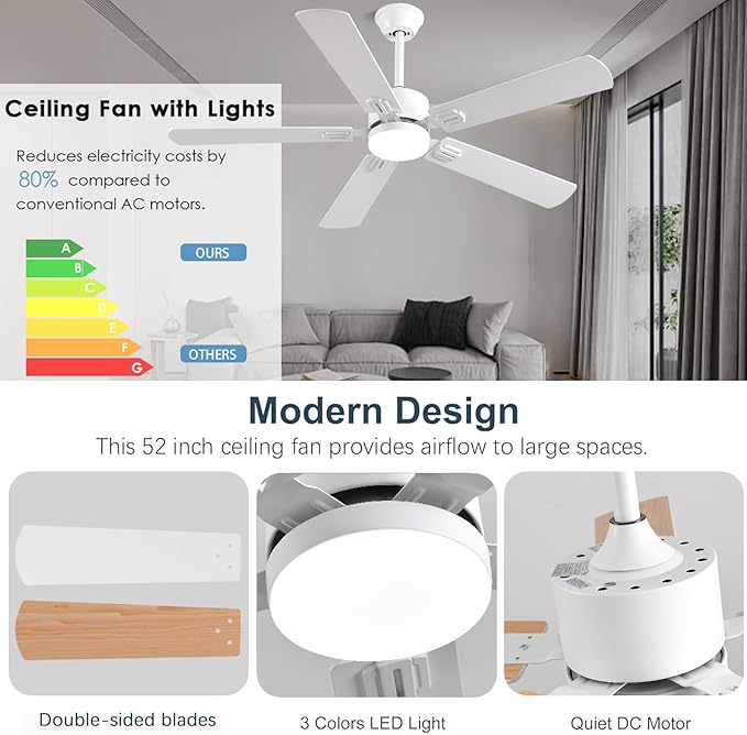 52 inch Modern White Ceiling Fans with Lights APP/Remote Control, Low Profile Reversible 6 Speeds Ceiling Fan Light for Indoor/Outdoor Patio Bedroom Living Room