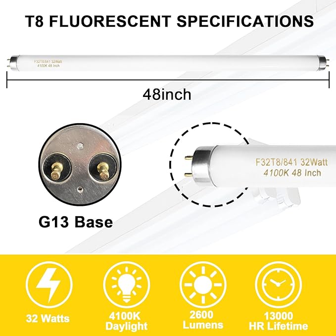 25 Pack F32T8/841 Fluorescent Tube 48 Inch, T8 Fluorescent Light Bulb 4 Foot 32 Watt 4100K Cool White 2600 Lumens G13 Base