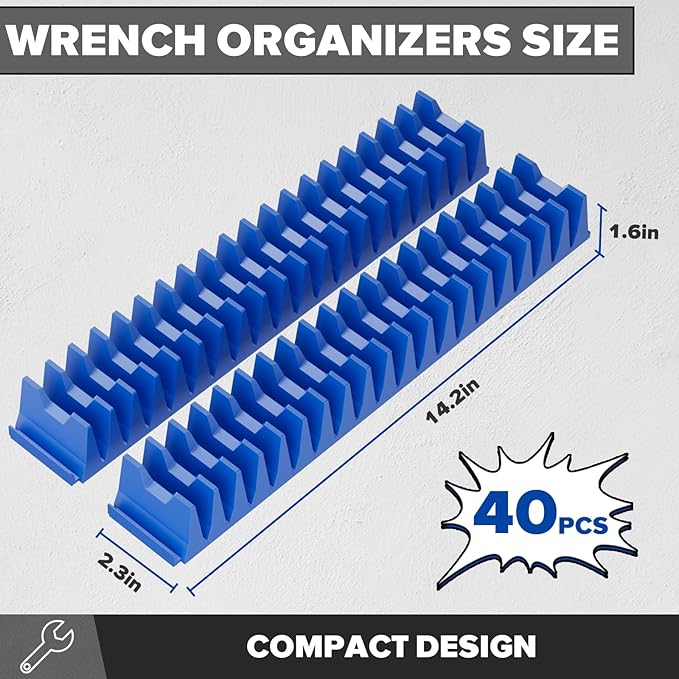 40PCS Modular Wrench Organizer Wrench Holder - Wrench Tool Organizers for Tool Drawer Storage, Wrench Storage Set with Metric & SAE Label, Wrench Rack Tool Gift for Professional Mechanics Men, Blue