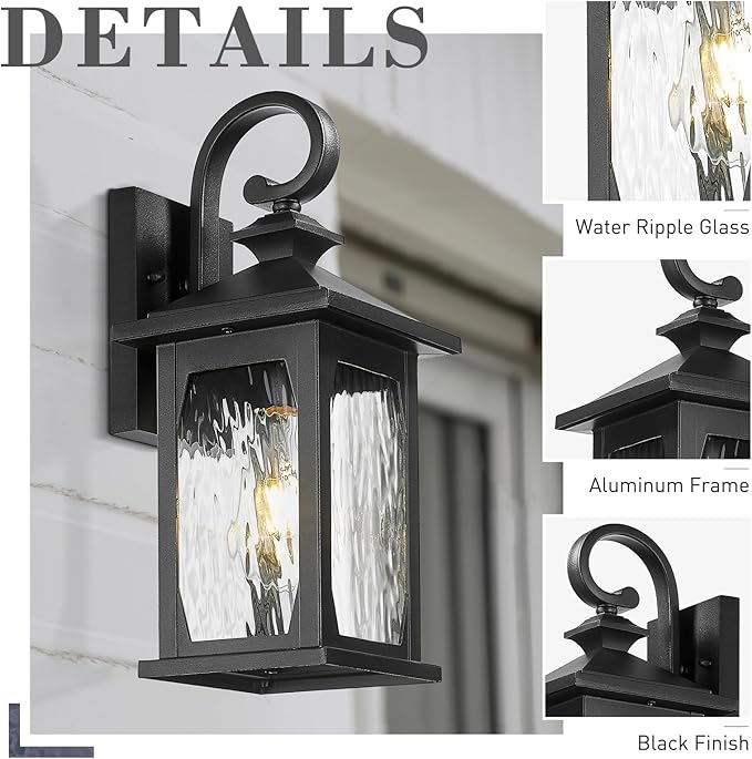 zeyu 14 Inch Outside Exterior Lights Fixture, Black Outdoor Wall Lights with Water Ripple Glass, Die-Cast Aluminum, Black Finish, ZD99B BK-WP