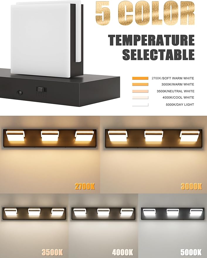 VOLISUN 5CCT Bathroom Light Fixtures Over Mirror, Dimmable, 360°Rotatable Head, 24 inch, 3 Light Bathroom Vanity Light Fixtures, Black LED Vanity Lights for Bathrooms-ETL Certificated