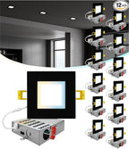 NUWATT 12 Pack 4 Inch Square Ultra-Thin LED Recessed Lighting, Selectable 2700K/3000K/3500K/4000K/5000K, 630 Lumens Dimmable, IC Rated, Black Slim Panel Light, Canless Wafer Lights, Metal J-Box