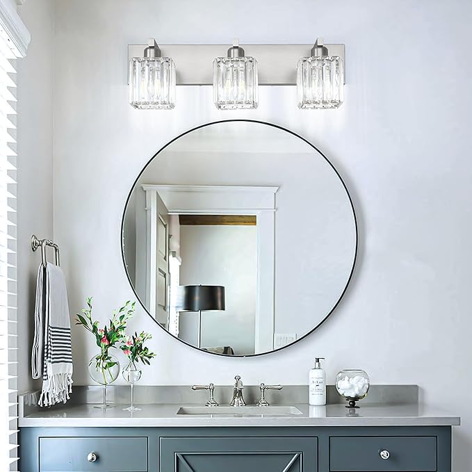 Aipsun Brushed Nickel Vanity Light Bathroom Lighting Fixtures 3 Light Crystal Modern Bathroom Vanity Light (Exclude Bulb)