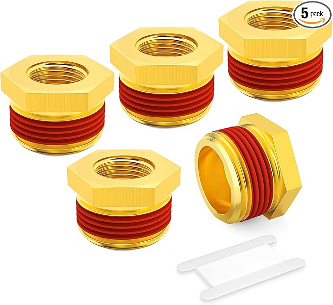GASHER 5Pcs Brass Reducer Hex Bushing 1/2" NPT Male x 1/8" NPT Female, Brass Threaded Pipe Fitting With Sealant
