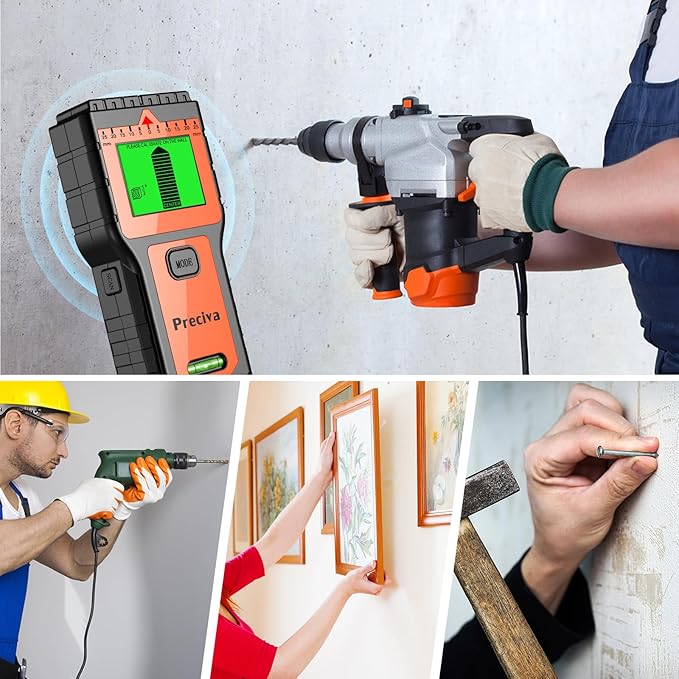 Stud Finder, Preciva Wall Scanner-8 in 1 Multifunctional Wall Detector with 6 Modes & 2 Functions for Studs, Wood, Metal, and AC Wires Detection (9V Battery Included)