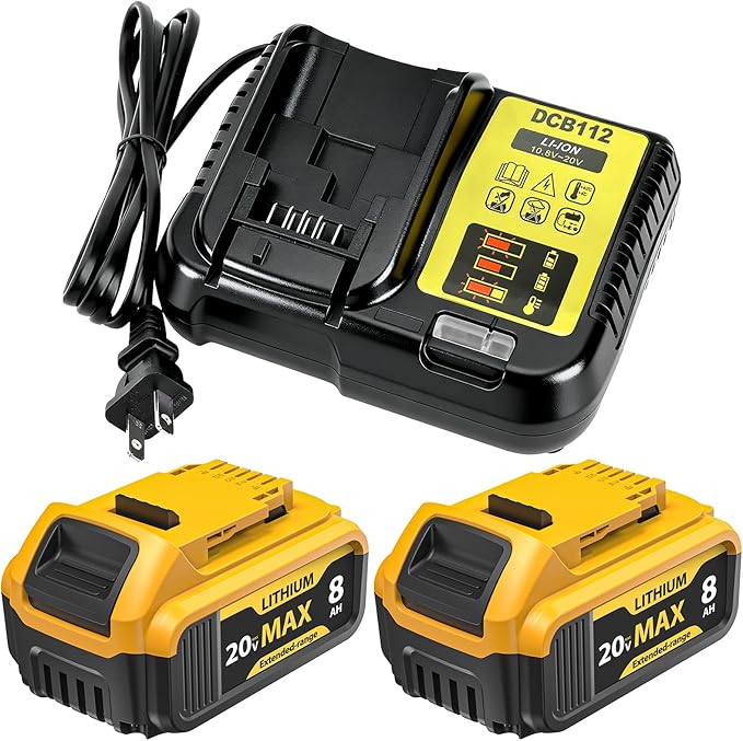 2-Pack 8000mAh 20V Max Lithium-Ion Battery & Charger Combo, High Capacity Replacement for DEWALT 20V MAX Battery Power Tools, Fast Charging Included
