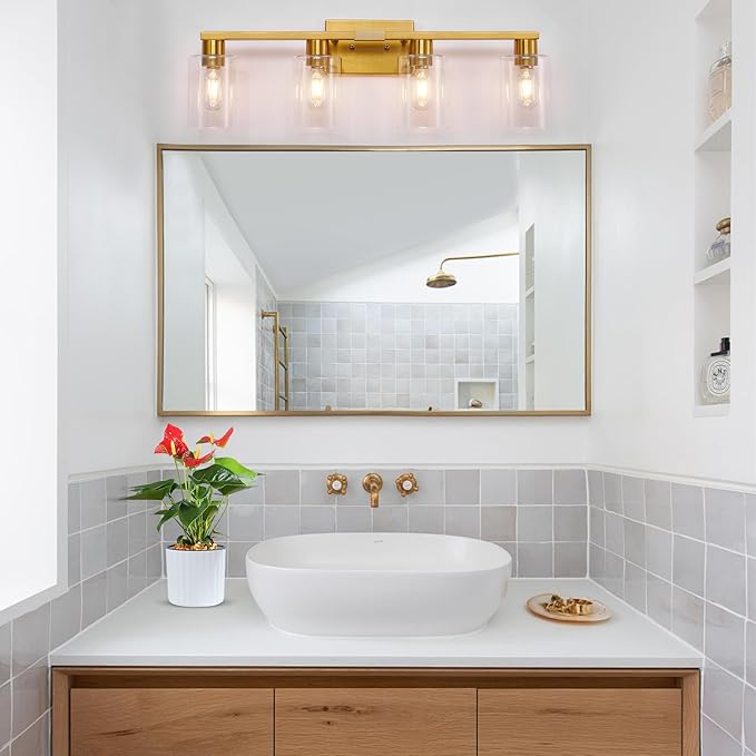 Brushed Gold Bathroom Light fixtures, Gold Vanity Light with Clear Glass Shades,Living Room Bedroom Hallway,Bathroom Lights Fixtures Over Mirror