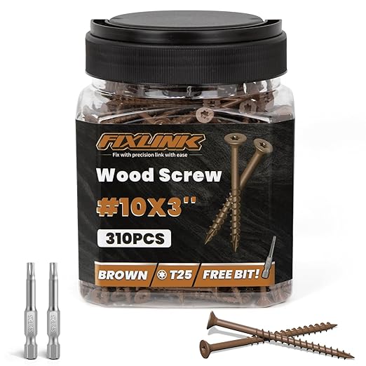 Wood Screws 3 Inch, FIXLINK Deck Screws #10 x 3, 310 PCS, Epoxy Coated, T25 Star Bit Above 1500 Hour Salt Spray Coating Outdoor Decking Screws Excellent Rust Resistant for Wood Fence, Brown