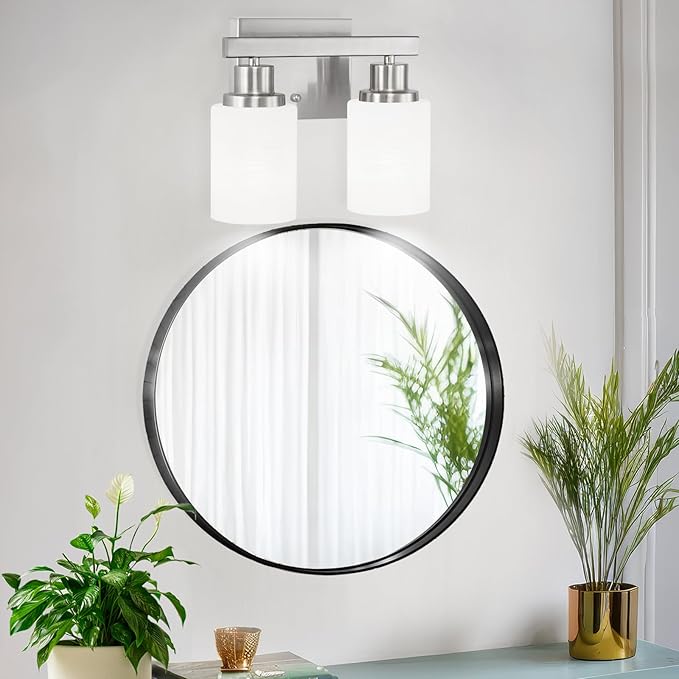 Bathroom Light Fixtures Over Mirror, 2-Light Modern Nickel Vanity Lights with White Glass Shade, Bathroom Wall Lamp Sconces for Mirror Bedroom, Living Room Hallway Small Space