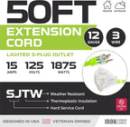 Iron Forge Cable 50 Foot Lighted Outdoor Extension Cord with 3 Outlets - 12/3 SJTW Heavy Duty Light Green Extension Cable 3 Prong - Multiple Outlets