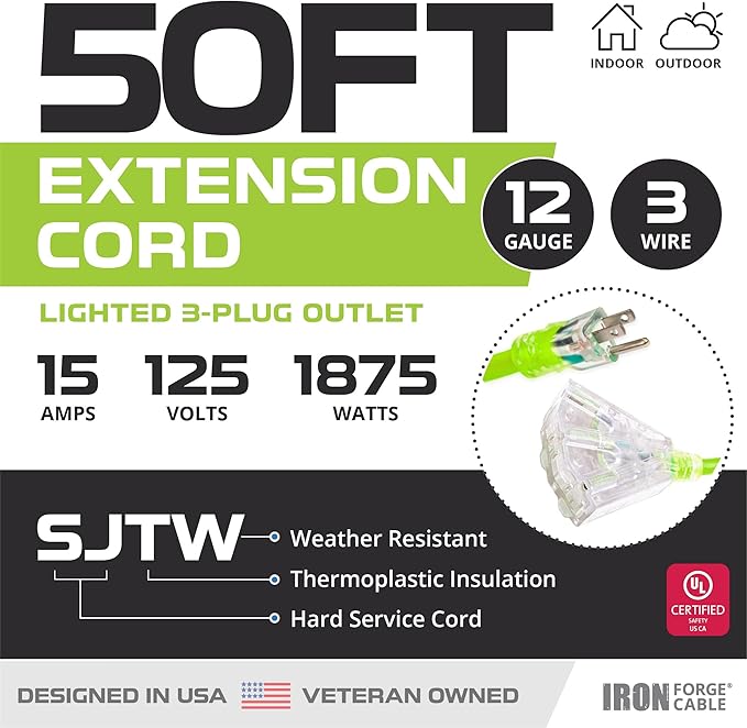 Iron Forge Cable 50 Foot Lighted Outdoor Extension Cord with 3 Outlets - 12/3 SJTW Heavy Duty Light Green Extension Cable 3 Prong - Multiple Outlets
